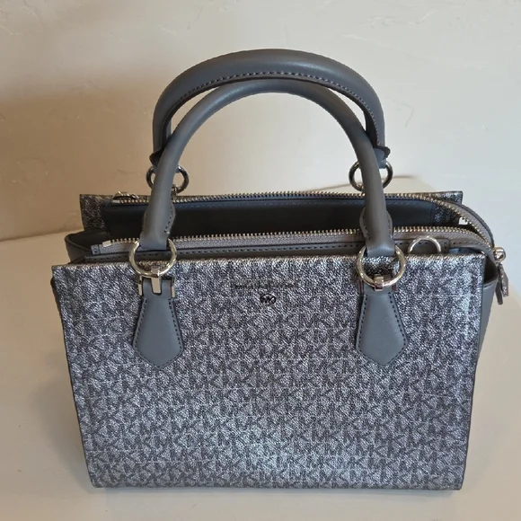 Michael Kors Gray Signature MK Medium Zip Satchel Crossbody - Picture 6 of 12